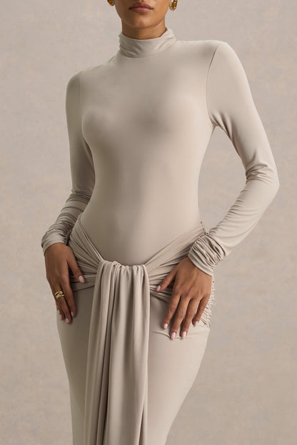Myra | Champagne High-Neck Maxi Dress With Sash and Ruched Detailing