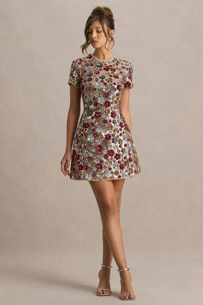 Eira | Red Floral Embellished Sequin Crew-Neck Mini Dress