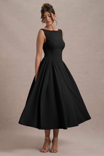 Muriel | Black Boat-Neck Volume-Hem Midi Dress