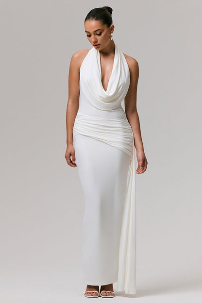 Maude | White Plunge-Neck Ruched Maxi Dress With Sash