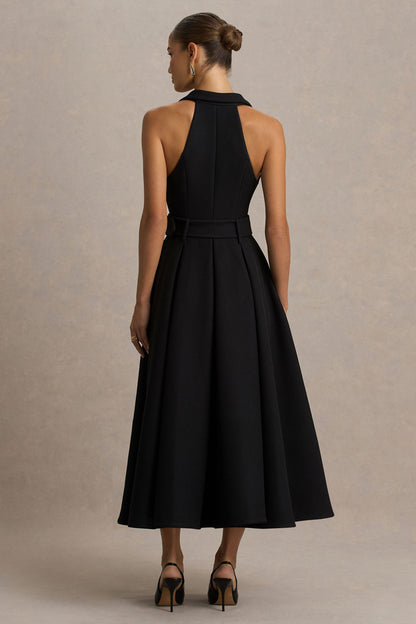 Alessa | Black Plunge-Neck Tailored Midi Dress