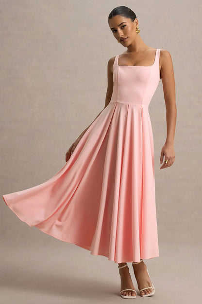Parina | Pink Strappy Volume-Hem Midi Dress