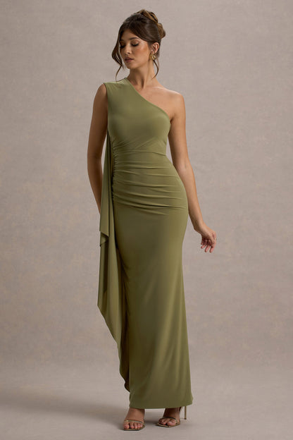 Adelina | Olive One-Shoulder Maxi Dress With Drape