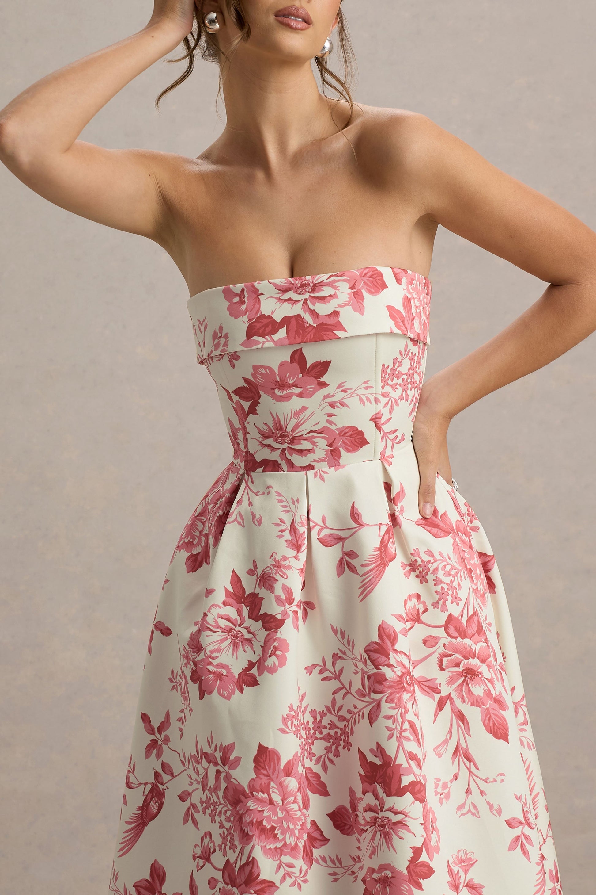 Annalise | Pink Porcelain Print Bandeau Skater Midi Dress