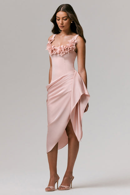 Letitia | Pale Pink Square-Neck Floral Detailed Wrap Midi Dress