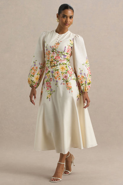 Dahlia | White Floral Border Print High-Neck Midi Dress