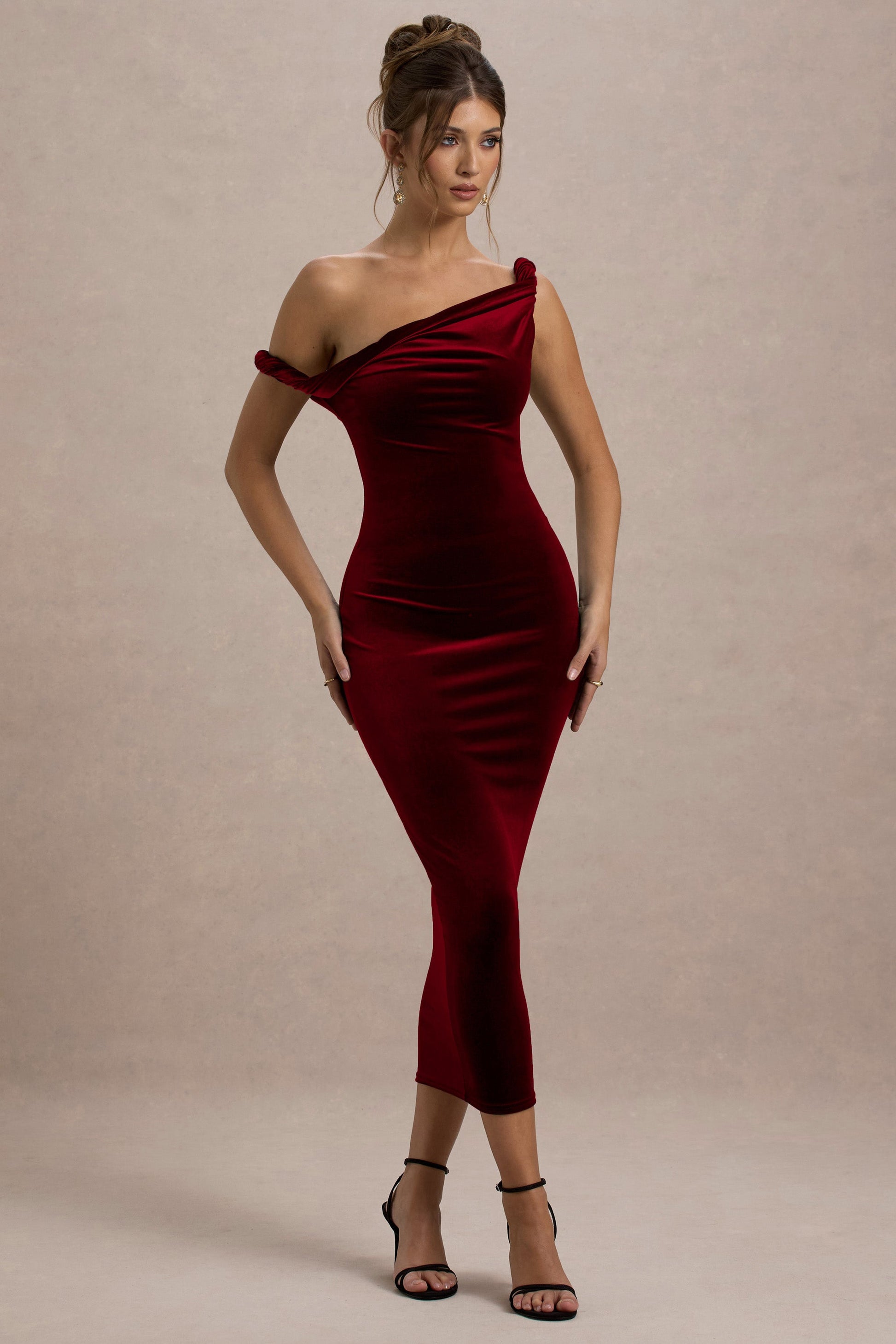 Carella | Berry Velvet Twisted Asymmetric Midi Dress