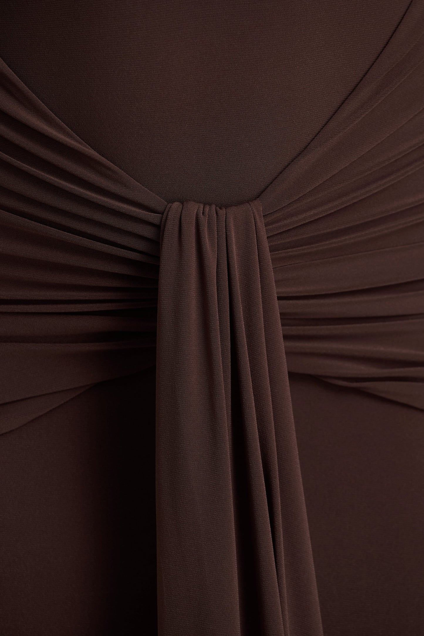 Saffie | Chocolate Extreme-Plunge Wrap Maxi Dress With Long-Sleeves And Ruched Detailing