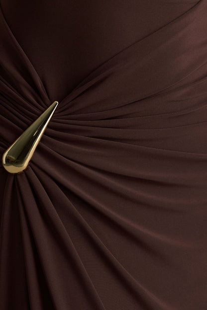 Fiora | Brown Wide-Neck Maxi Dress With Gathered Detail