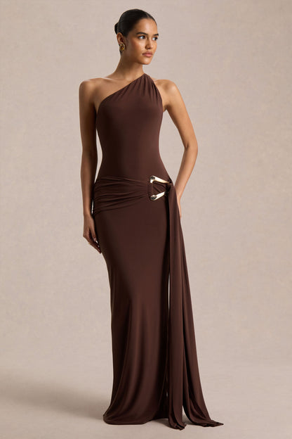 Bonnie | Brown Asymmetric-Neck Maxi Dress With Open-Back