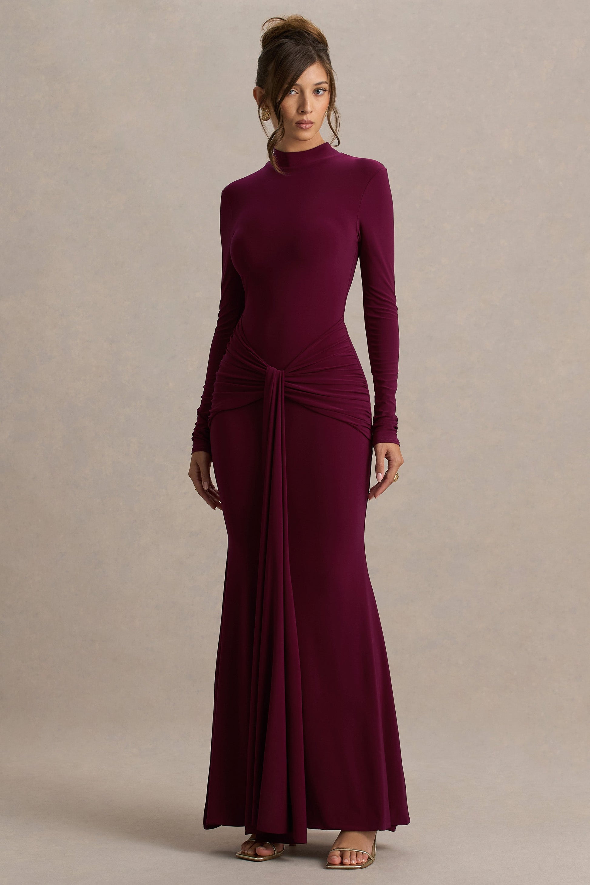 Pietra | Berry High-Neck Long Sleeve Knot Maxi Dress