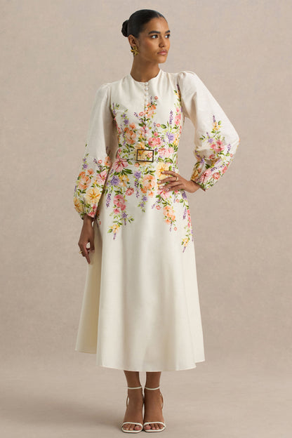 Dahlia | White Floral Border Print High-Neck Midi Dress