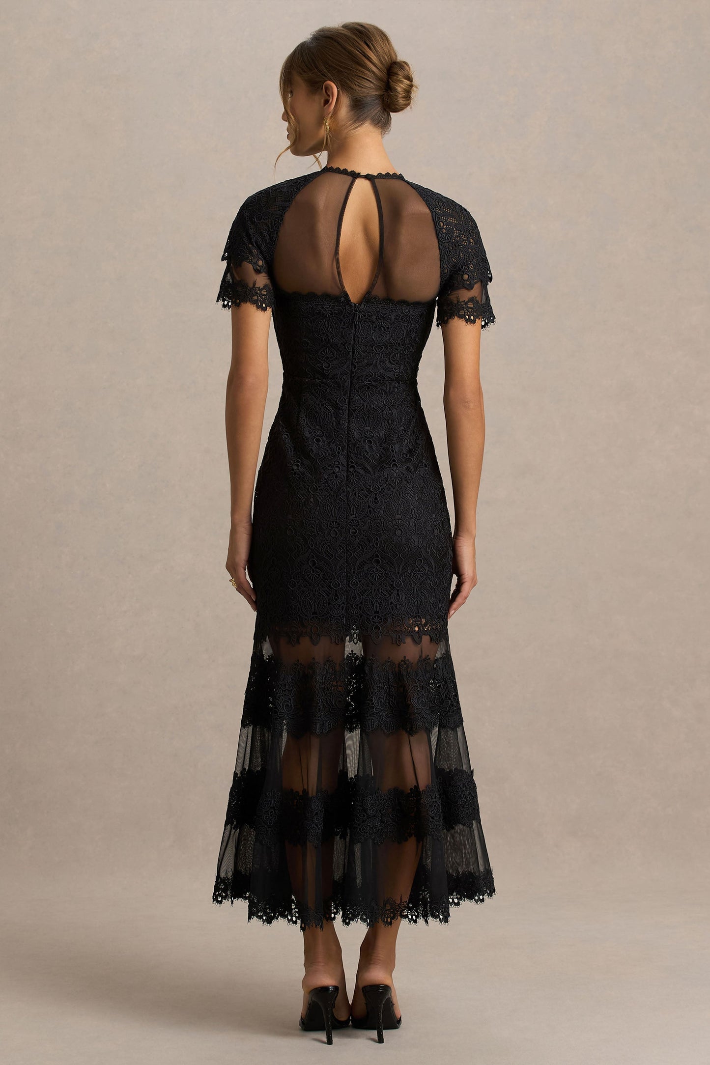Leanne | Black Mesh And Lace Crew-Neck Fishtail Midi Dress