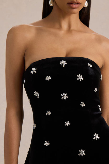 Tessa | Black Hand-Embellished Velvet Bandeau Mini Dress