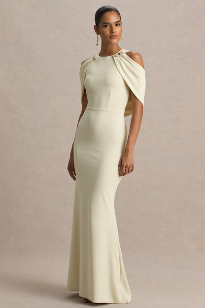 Yulia | Sand High-Neck Maxi Dress With Cape Sleeves