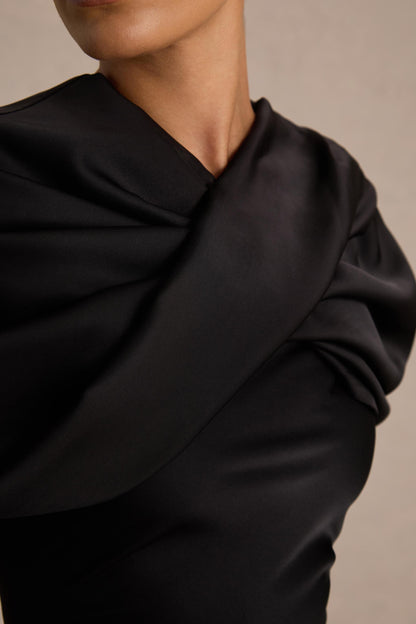 Yoli | Black Satin Maxi Dress With Removable Twist-Cape