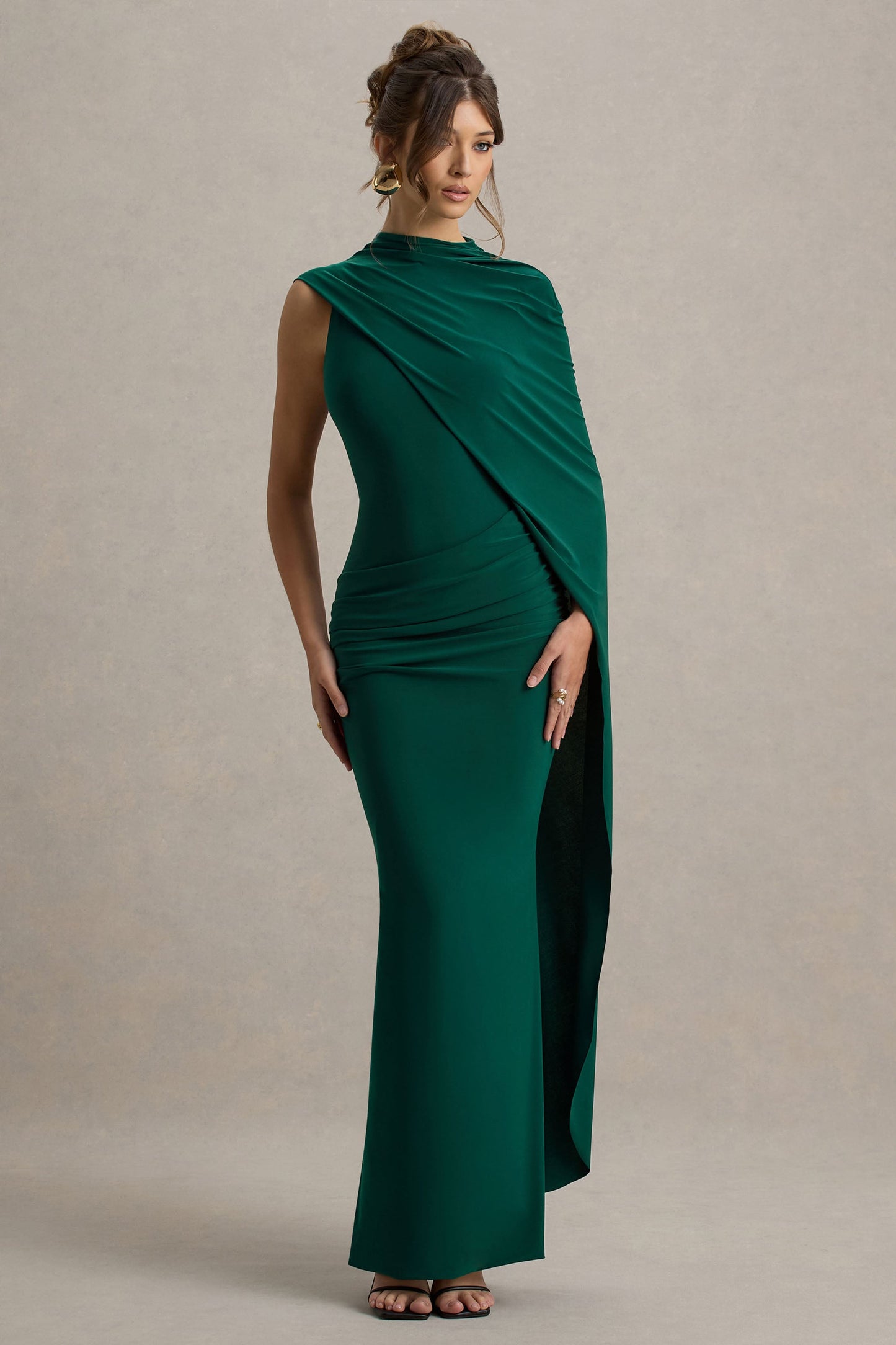 Maeve | Bottle Green Cape-Sleeve Draped Maxi Dress
