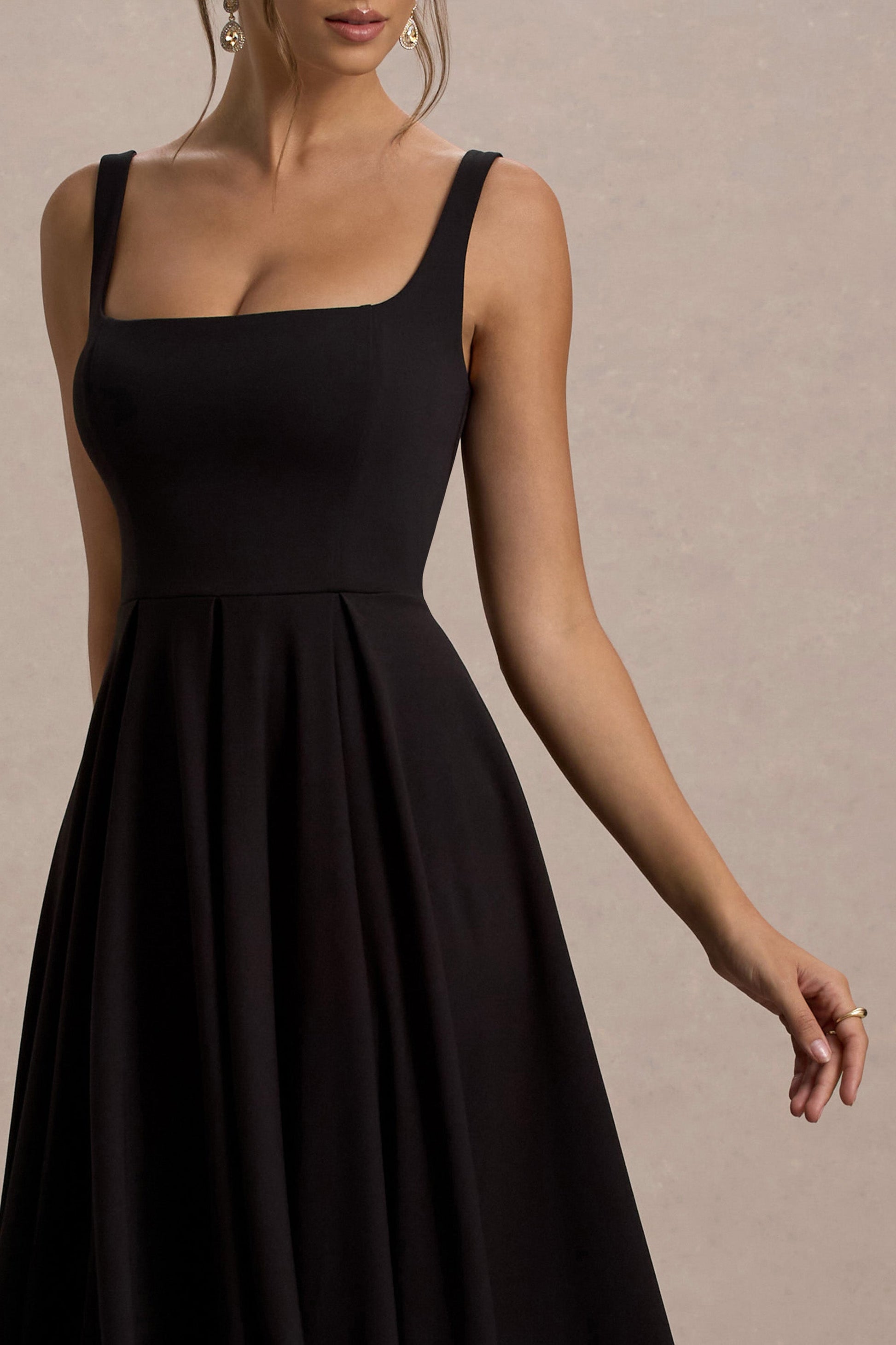 Parina | Black Strappy Volume-Hem Midi Dress