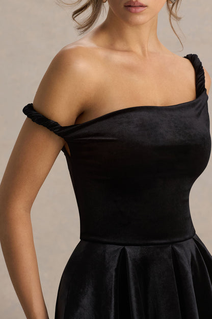 Leticia | Black Asymmetric-Neck Velvet Mini Dress With Twist-Sleeve