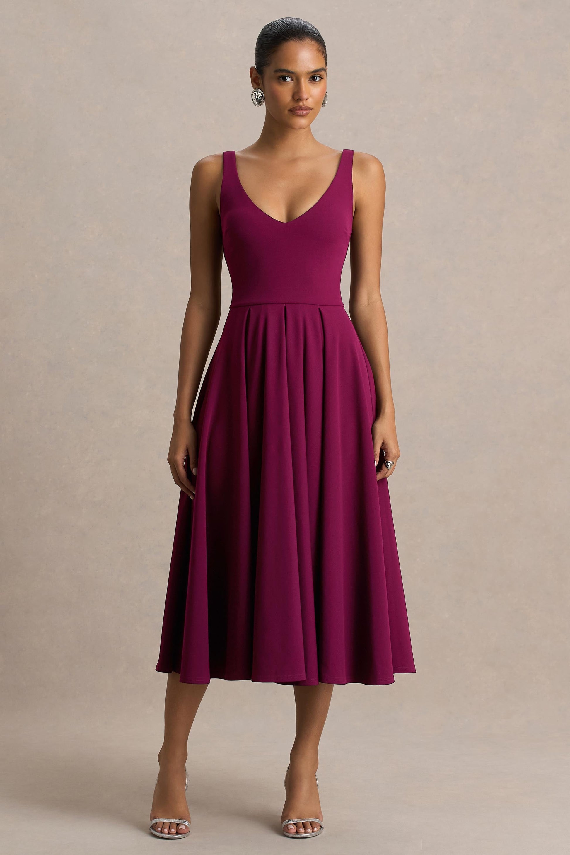 Depths | Burgundy V-Neck Midi Dress