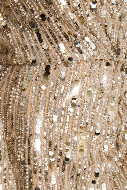 Carmina | Gold Sequin Plunge-Neck Wrap Mini Dress With Sash Detail