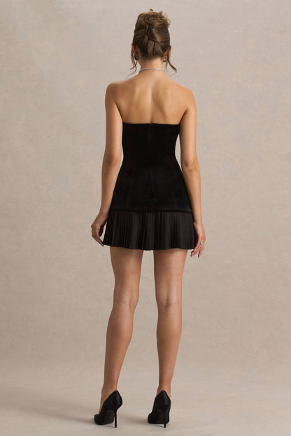Valentina | Black Velvet Bandeau Mini Dress With Pleated Detailing