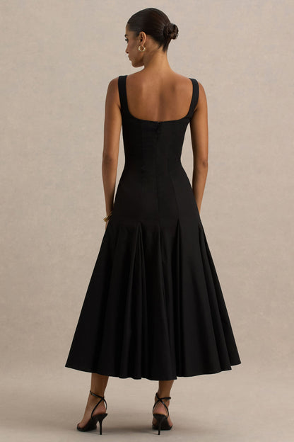 Magnolia | Black Scoop-Neck Midi Dress With Drop-Waist And Ruffling Detail