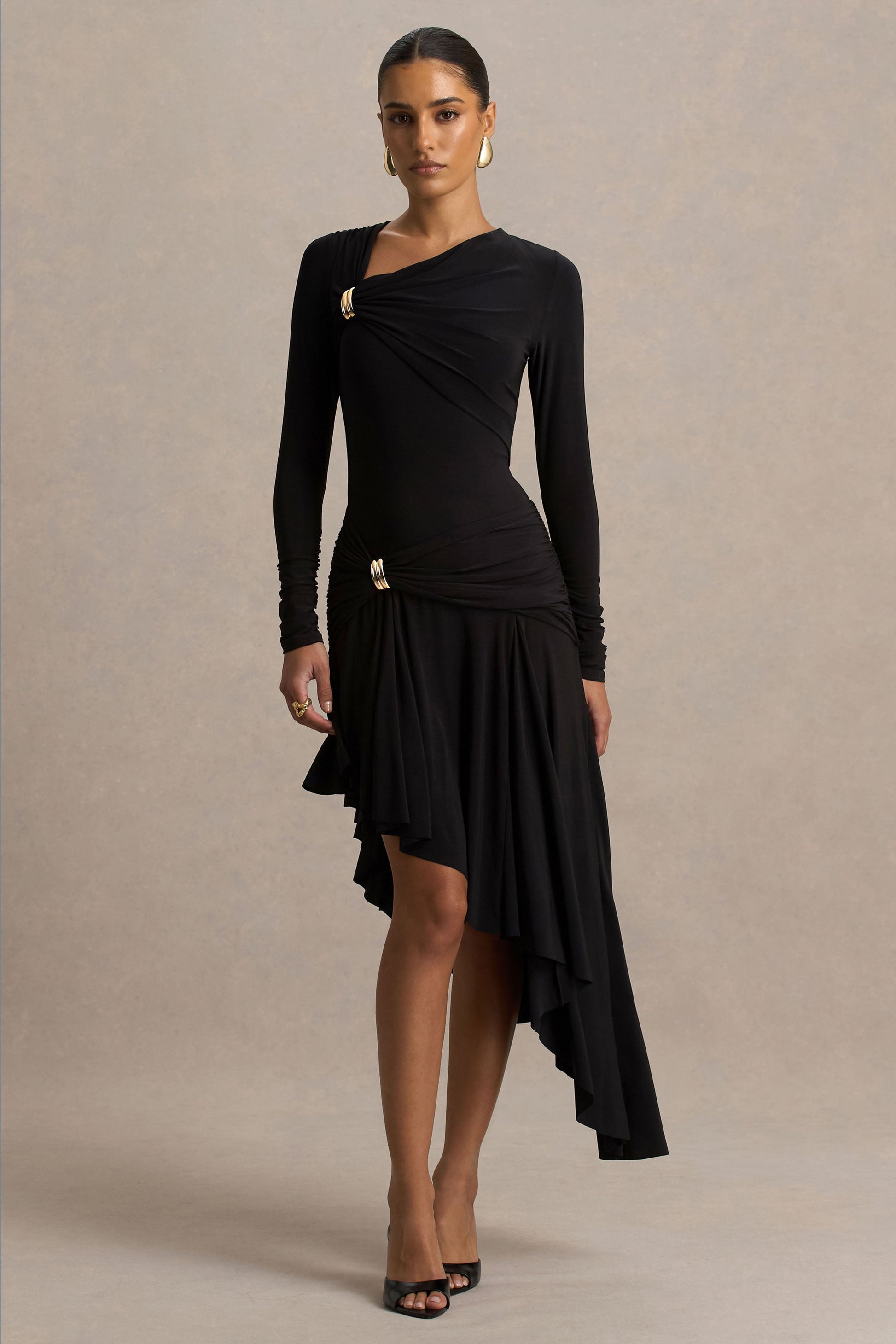 Alexia | Black Asymmetric-Neck Maxi Dress With Gold-Details