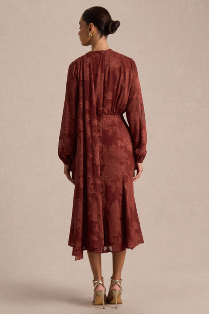 Sabina | Rust Devore Plunge-Neck Midi Dress